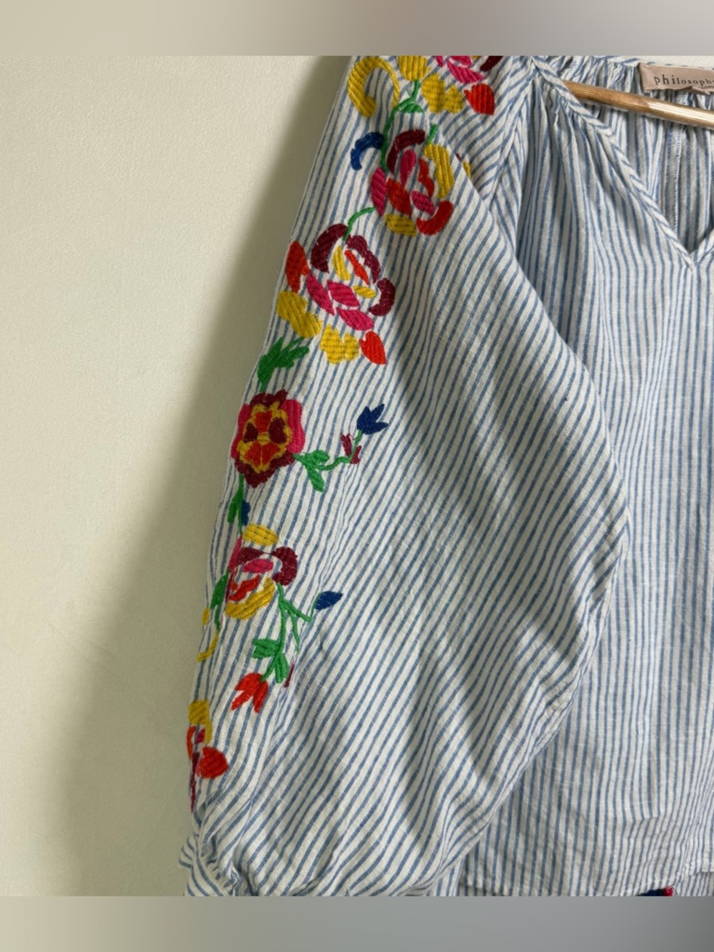 Philosophy Women’s Linen Floral Embroidered Blouse Boho Coastal Stripe Top Sz S - Picture 4 of 9